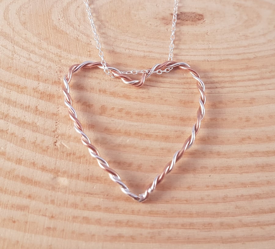 Sterling Silver and Copper Twisted Wire Heart Necklace