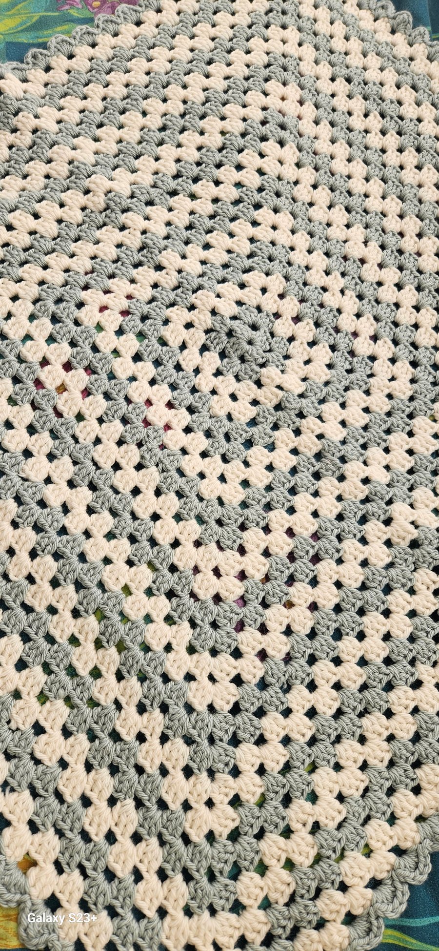 Giant Grannie Square Lap Blanket in Cream and GreyGreen