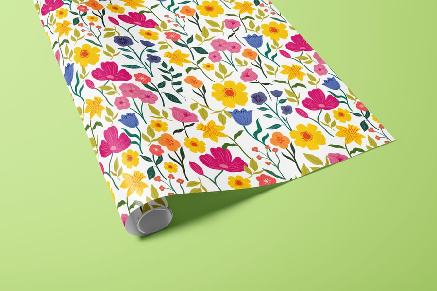 Colourful Florals on White Wrapping Paper FSC 50x70cm 3 Sheets or Roll