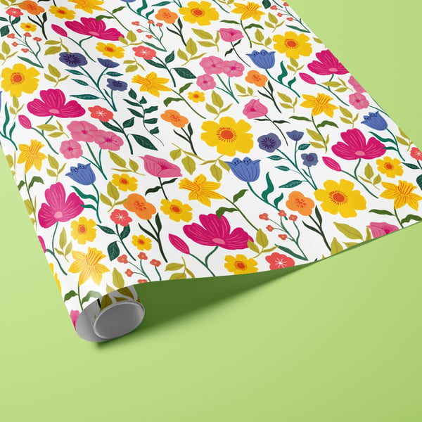 Colourful Florals on White Wrapping Paper FSC 50x70cm 3 Sheets or Roll