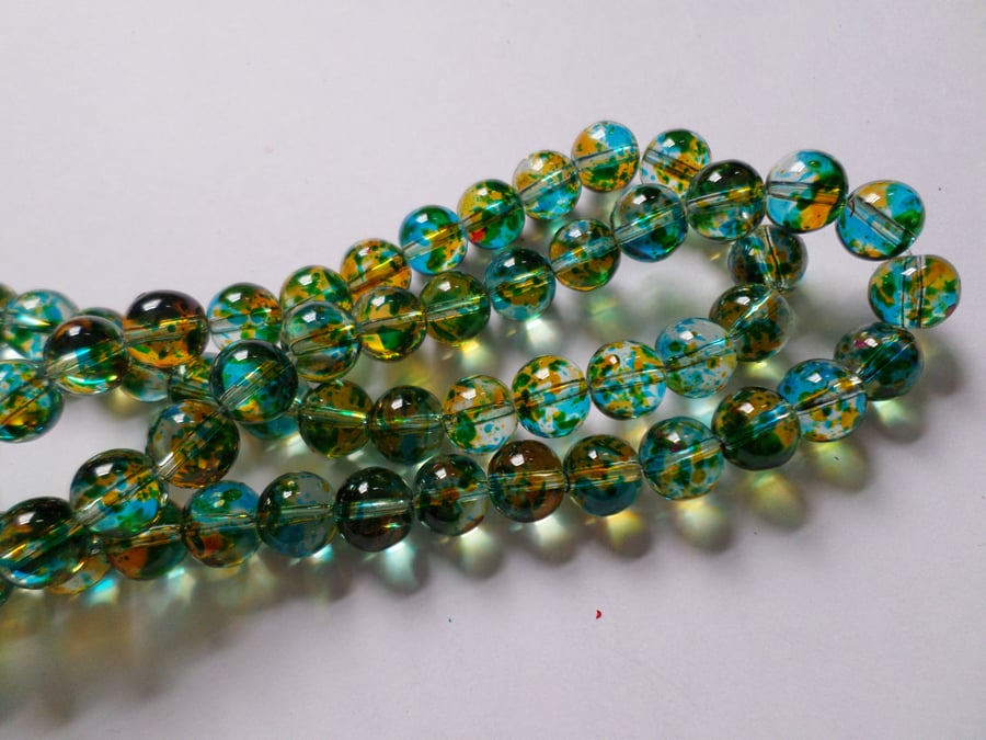 25 x Transparent Mottled Effect Glass Bead - Round - 10mm - Blue, Green & Orange