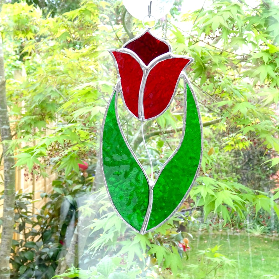 Stained Glass Tulip Suncatcher Handmade Hanging Decoration - Red