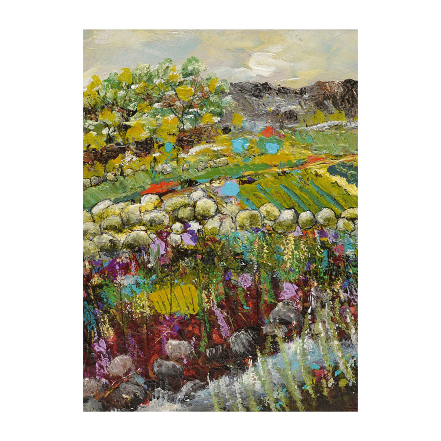 A Scottish landscape painting - a rugged countryside - stream - in acrylics