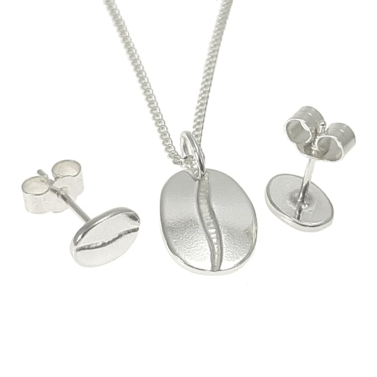 Coffee bean jewellery set, handmade from sterling silver