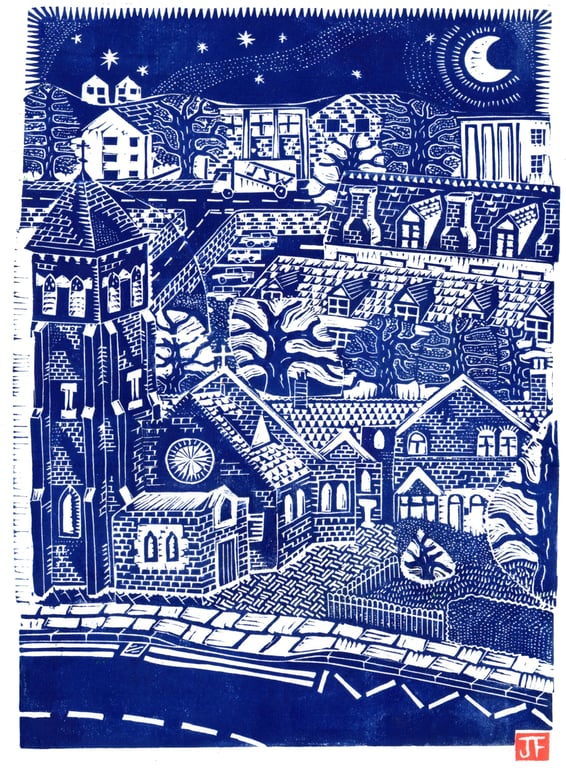 Woodcut print, 'View Over St Francis Church', Bedworth by John Freeman