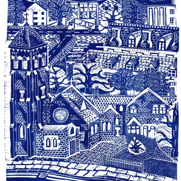 Woodcut print, 'View Over St Francis Church', Bedworth by John Freeman