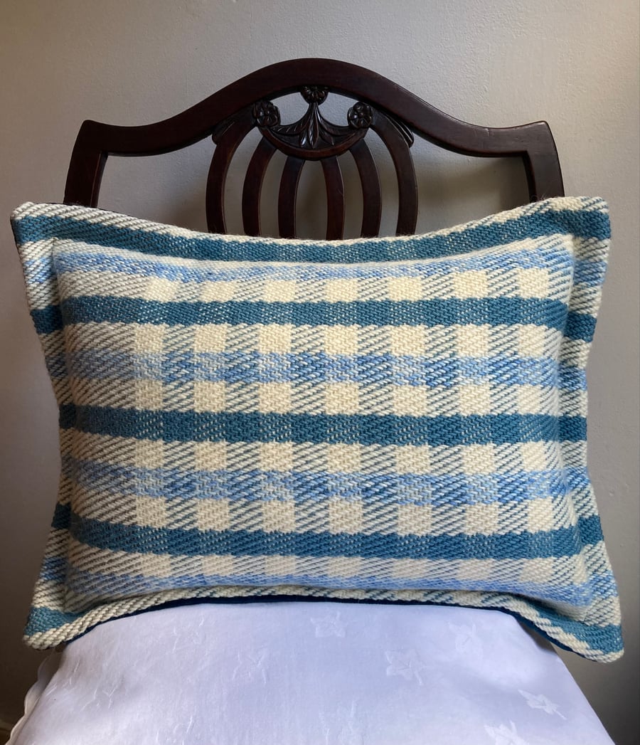 Glenys May Cushion: Gingham Blue. Handwoven in Wales