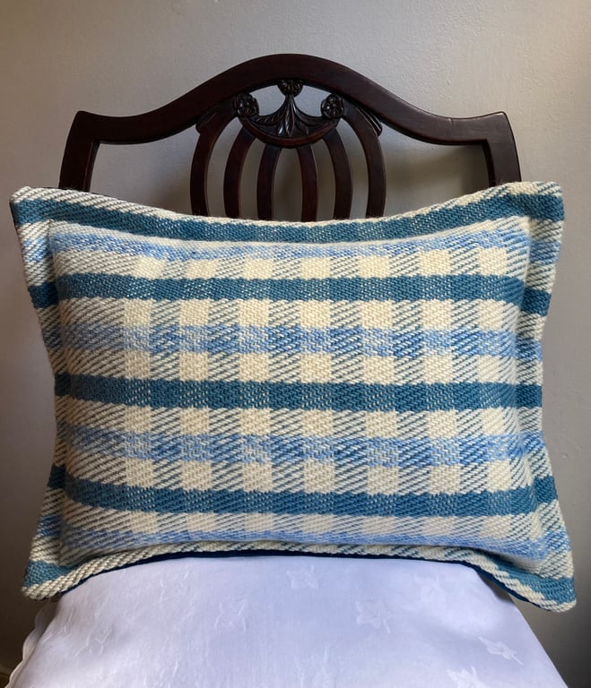 Glenys May Cushion: Gingham Blue. Handwoven in Wales
