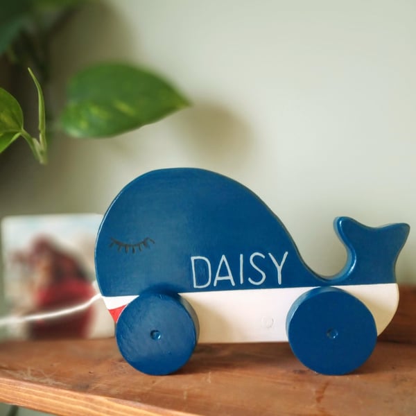 personalised wooden pull toy Whale