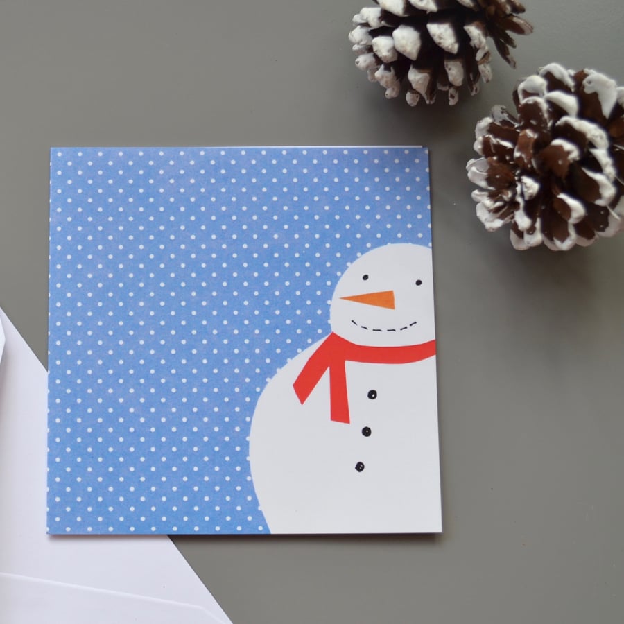 Snowman Christmas Card with Blue Spotty Background