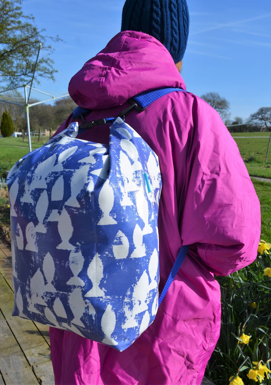 The Ultimate XL Oilcloth Rucksack for Swimming and Gym in Shiny Blue Fish Fabric