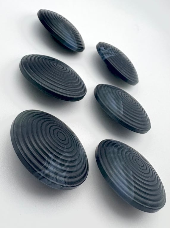 6 Chunky Buttons, Blue 34mm, Cone Shaped, Tight Circles Design, Woodgrain
