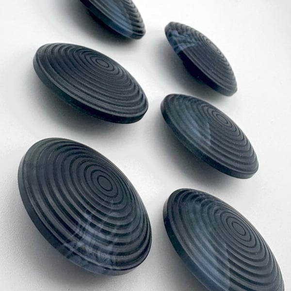 6 Chunky Buttons, Blue 34mm, Cone Shaped, Tight Circles Design, Woodgrain