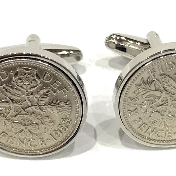 1958 Sixpence Cufflinks 63rd birthday. Original sixpence coins Great gift 
