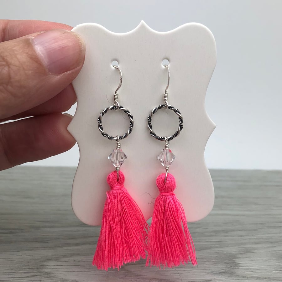 SALE.. Hot pink tassel earrings. Sterling silver earrings.