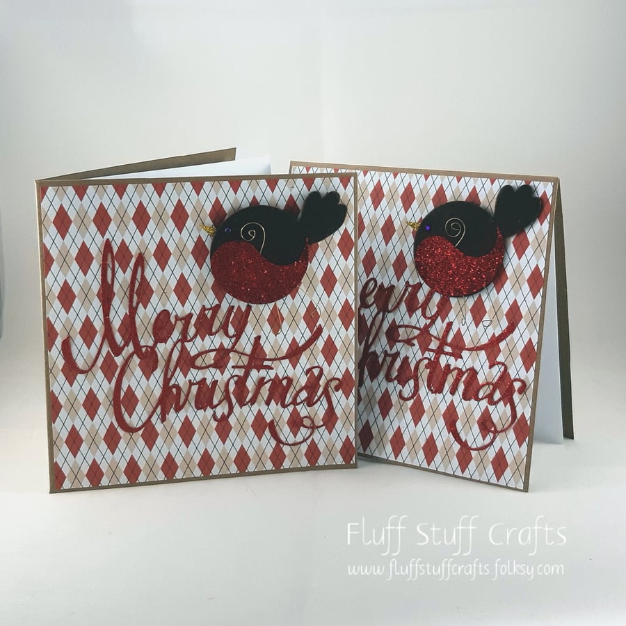 Pack of 2 handmade Christmas cards - glitter red robin