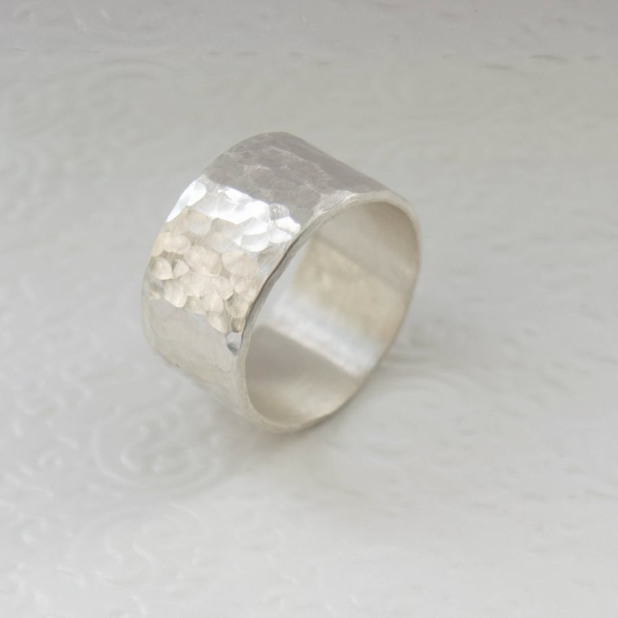 Unisex  Wide Sterling Silver Hammered Ring