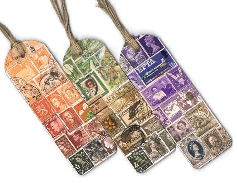 Custom Two-Tone Bookmark - Upcycled Postage Stamp Collage, Made to Order MailArt