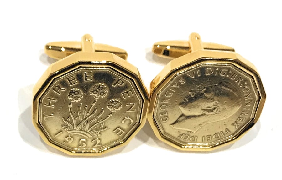 1952 Threepence 3d 73rd birthday Cufflinks - Original Brass Threepence Cufflinks