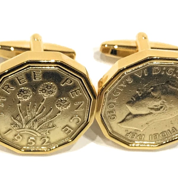 1952 Threepence 3d 72nd birthday Cufflinks - Original Brass Threepence Cufflinks