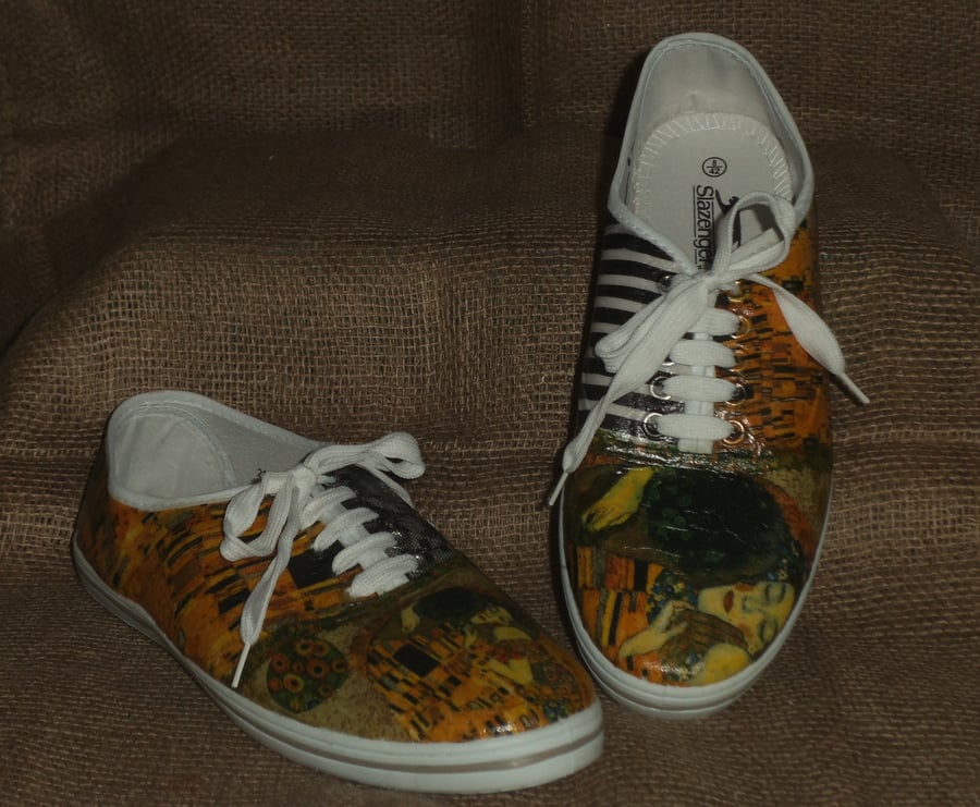 Decorated Canvas Shoes SIZE 8 (42) Klimt Kiss Individual Unique Decoupage   