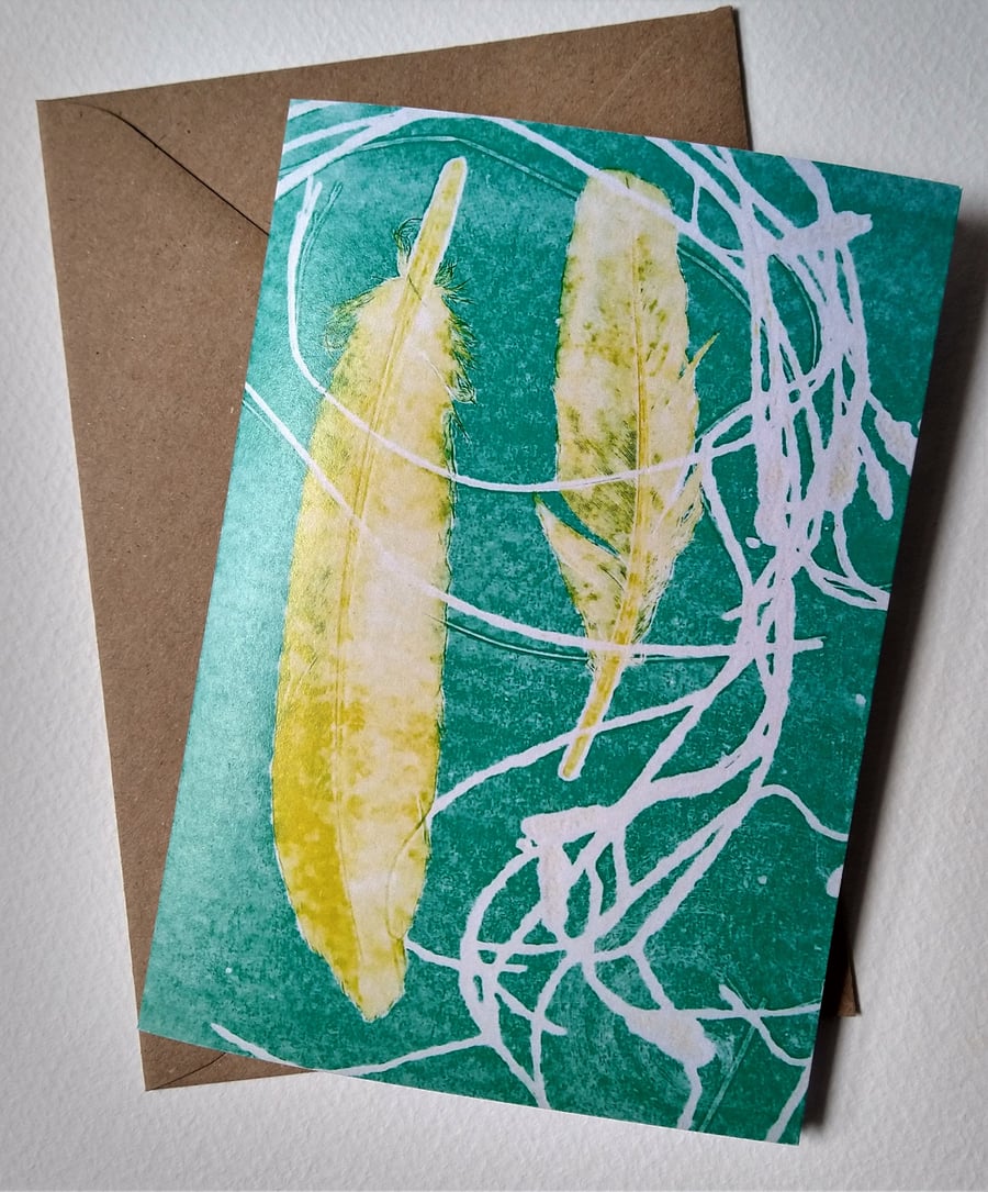 Feathers and Grass Mono Print Greetings Card