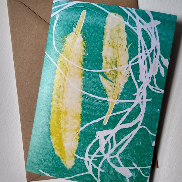 Feathers and Grass Mono Print Greetings Card