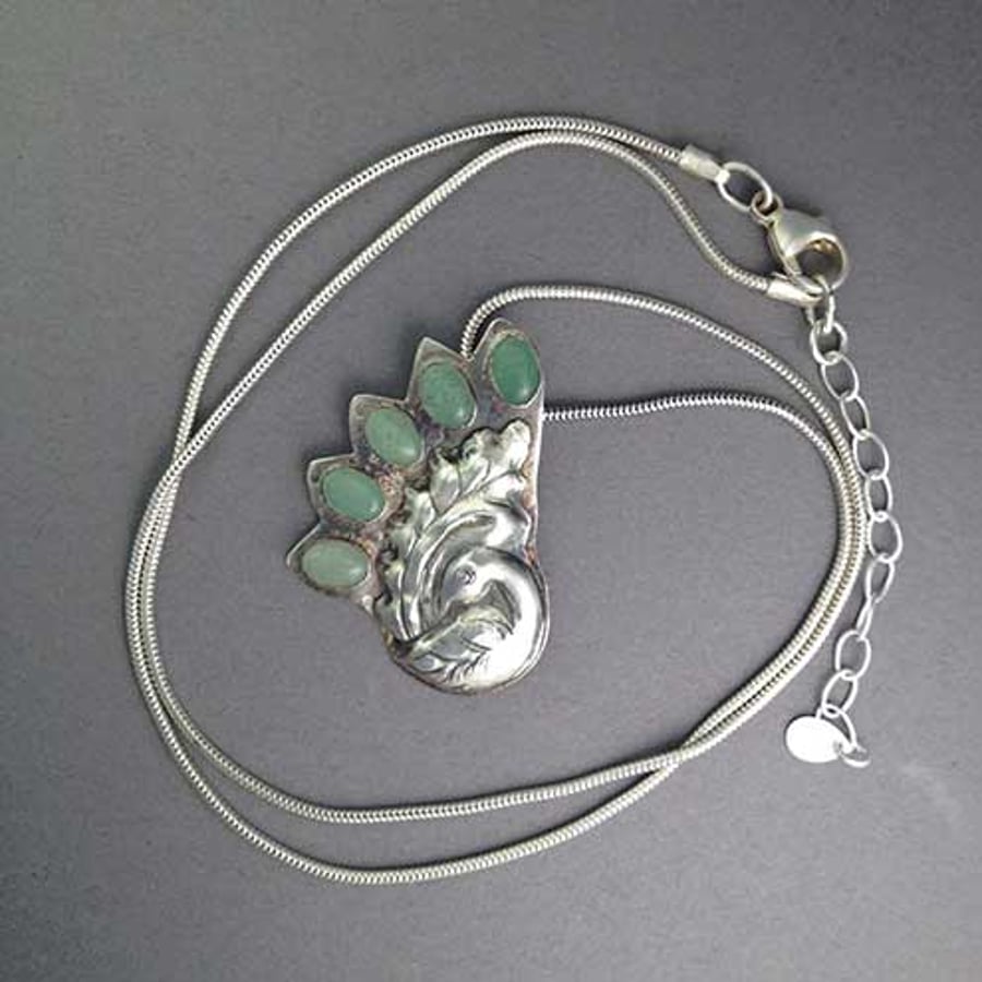 Silver Peacock with Aventurine necklace - silver bird