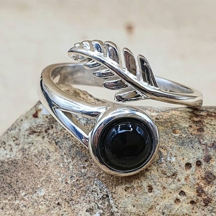 Black Obsidian Feather ring. Adjustable 925 sterling silver rings for women
