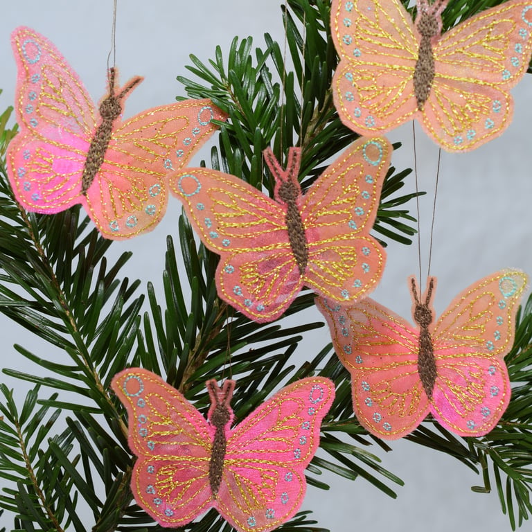 Embroidered Butterfly Hanging Decorations Pink and Gold Festive Decor (Set of 5)