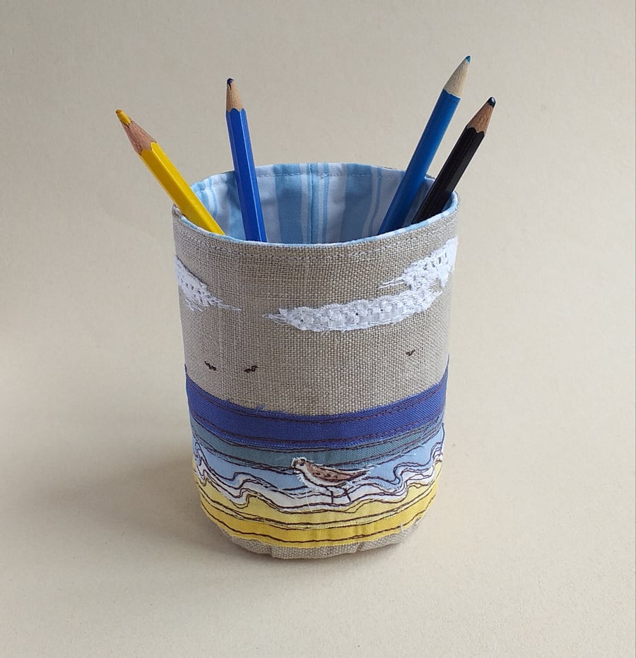 Fabric Pencil Pot with Embroidered Seascape
