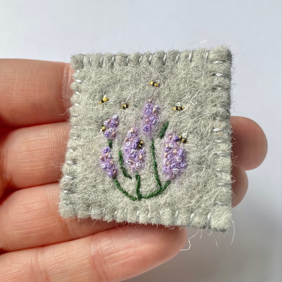 Bees around a lilac bush brooch embroidered and needle felted