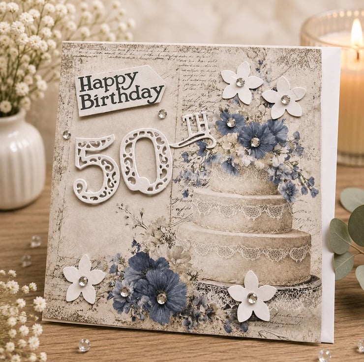 Handmade 50th Birthday Card Vintage Floral Cake... - Folksy