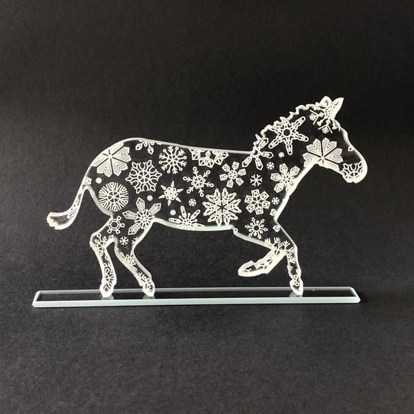 Glass Zebra Sculpture with Snowflakes