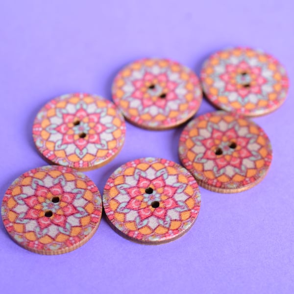 Wooden Mandala Patterned Buttons Pink Orange 6pk 25mm (M1)