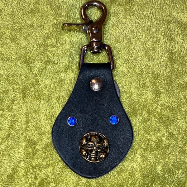 Black Leather Keyring with Bronze Skull Design and 2 Blue Gemstones -FREE SHIP