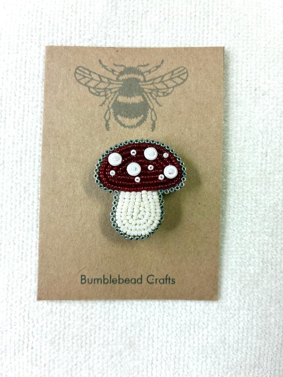 Toadstool Brooch - a bead embroidered brooch made using tiny seed beads