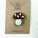 Toadstool Brooch - a bead embroidered brooch made using tiny seed beads