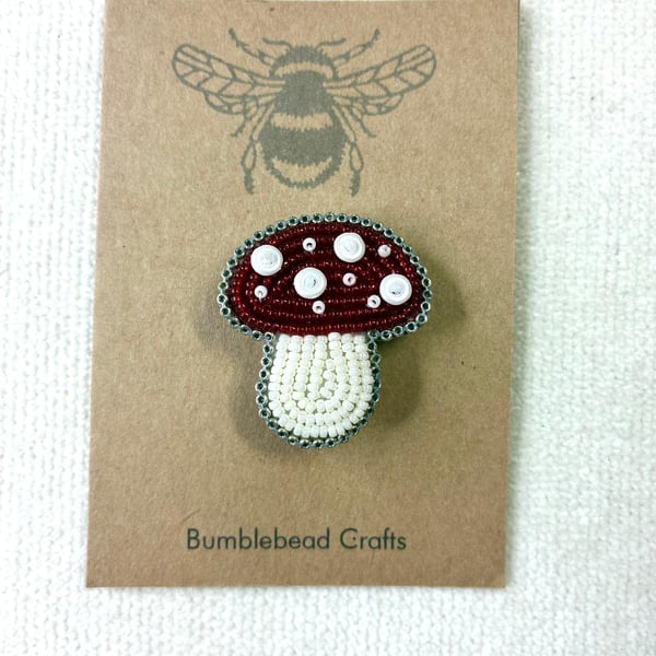 Toadstool Brooch - a bead embroidered brooch made using tiny seed beads