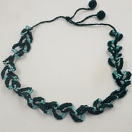 Crochet Cotton and Bead Necklace- Green and Turquoise 