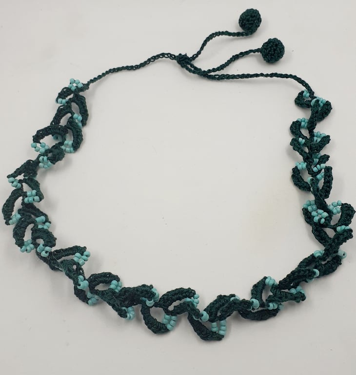 Crochet Cotton and Bead Necklace- Green and Turquoise 