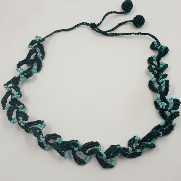 Crochet Cotton and Bead Necklace- Green and Turquoise 