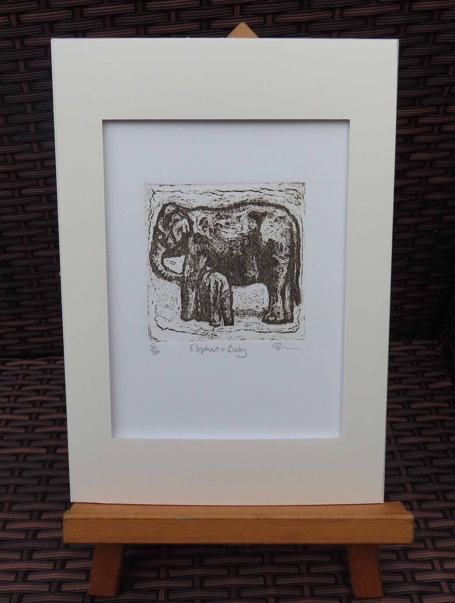 Elephant & Baby Art Original Collagraph Print Animal