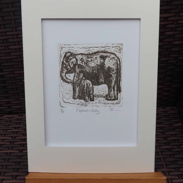 Elephant & Baby Art Original Collagraph Print Animal