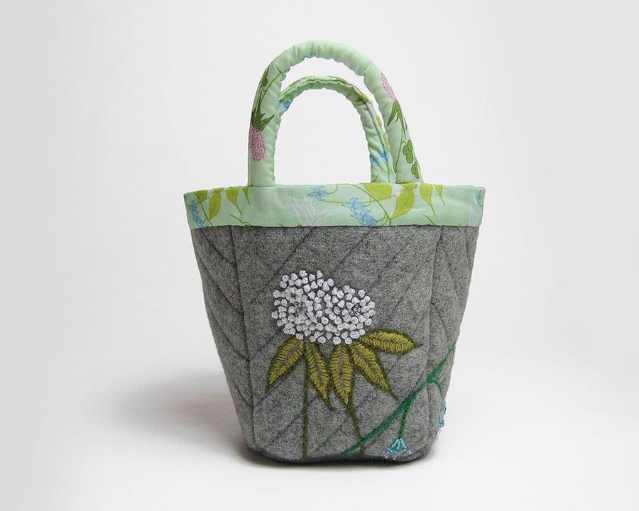 Grey wool coating bijou project bag with clover and bluebell embroidery
