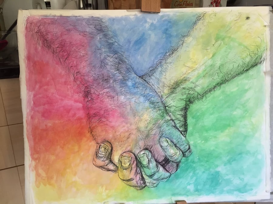 Large Black ink illustration with Bold colourful watercolour 'Hand in Hand'
