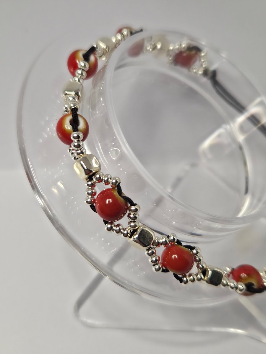 Handmade Red Glass & Silver Bead Adjustable Cord Bracelet – Bold Boho Elegance