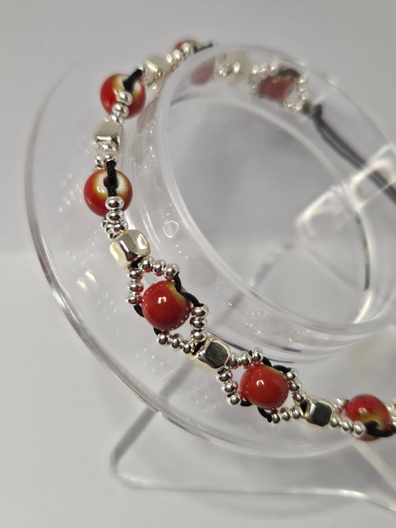 Handmade Red Glass & Silver Bead Adjustable Cord Bracelet – Bold Boho Elegance