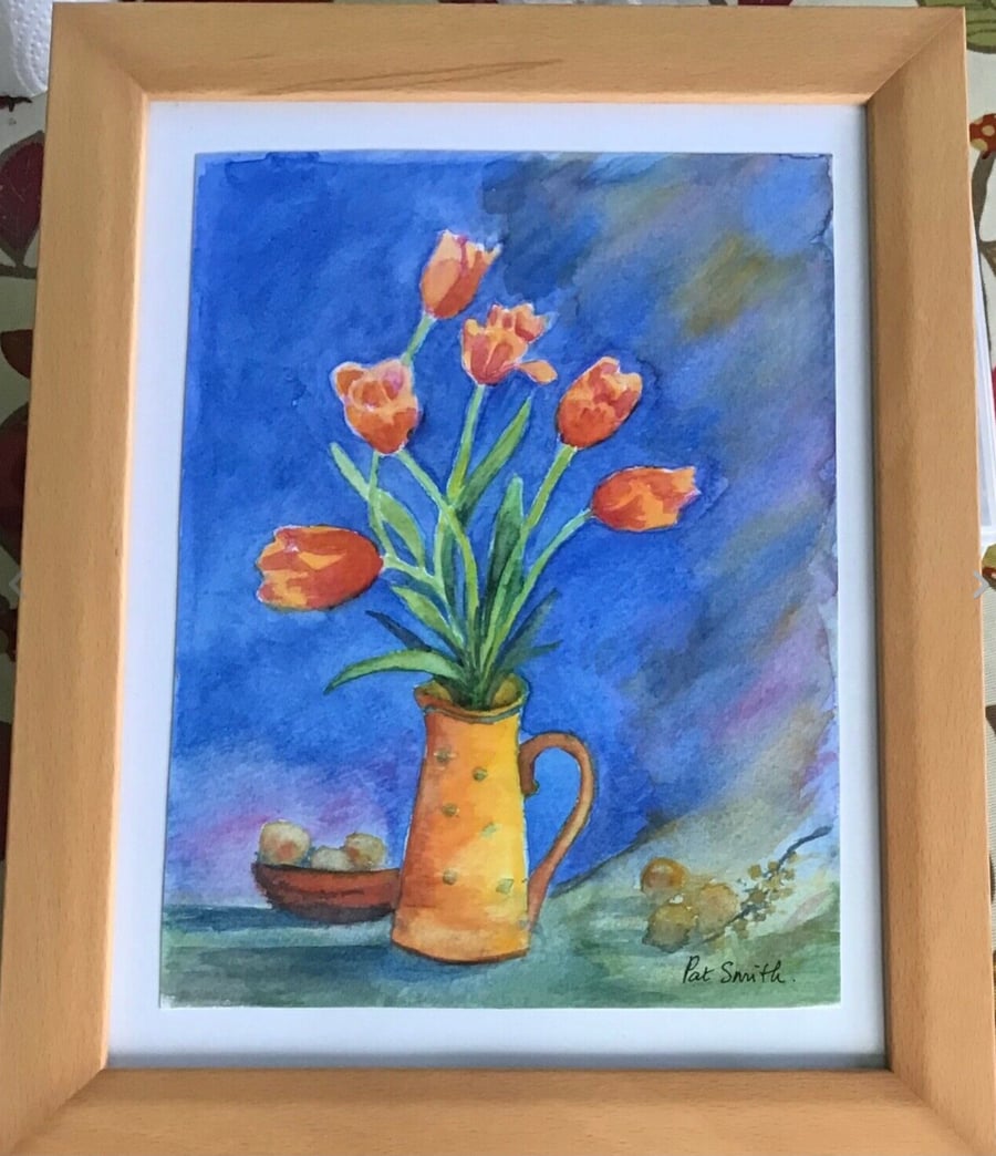 Tulips in a Yellow Jug, original watercolour, 14” x 10.75” Mounted & Framed