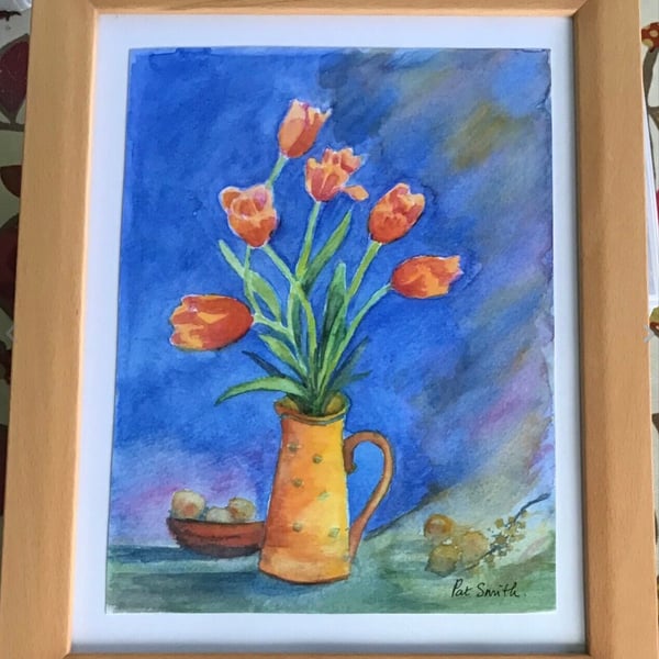 Tulips in a Yellow Jug, original watercolour, 14” x 10.75” Mounted & Framed